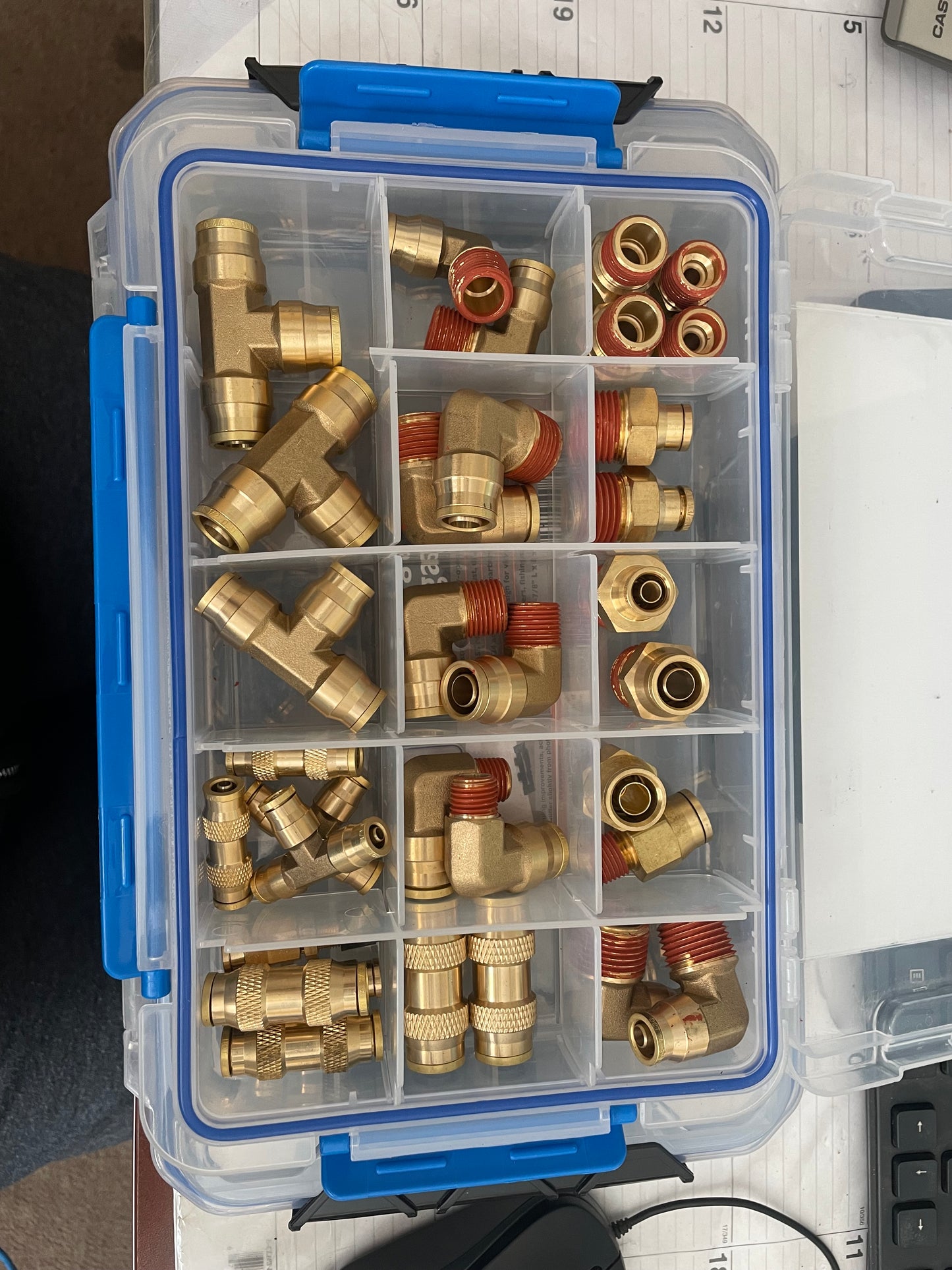 DOT push in Kit, 34pcs per set, 32pcs push in fitting and 2pcs schrader valve 1/4'', customized label on the box